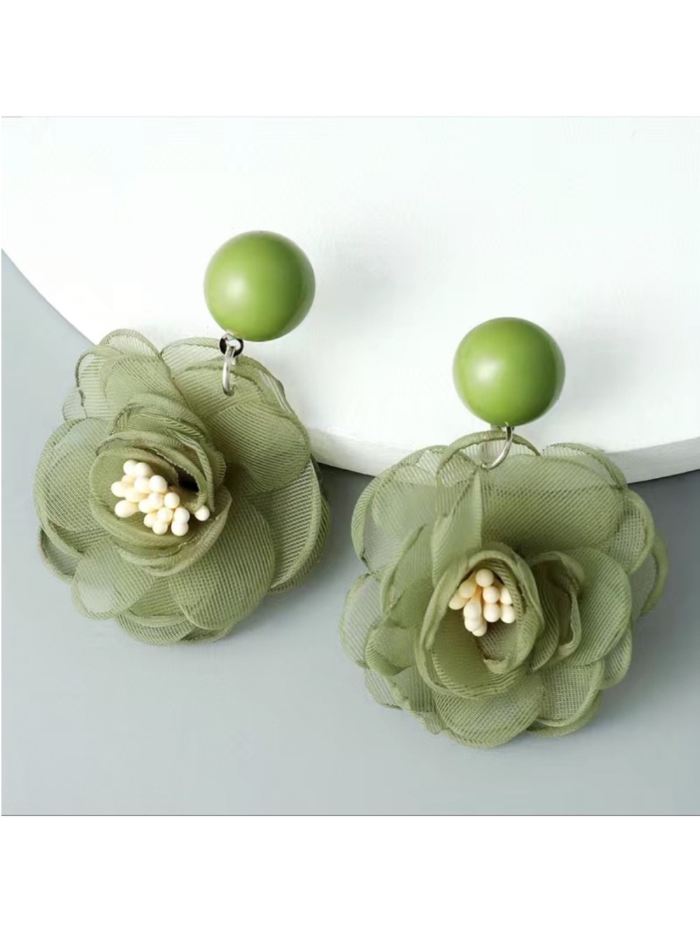 Chiffon Flower Olive Green Drop Earrings